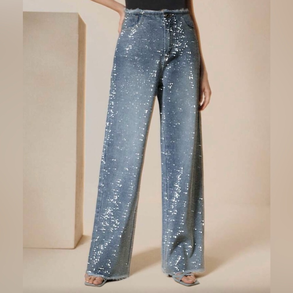 SHEIN Anewsta Rhinestone Decorated Straight Cut Frayed Hem Jeans Size XL